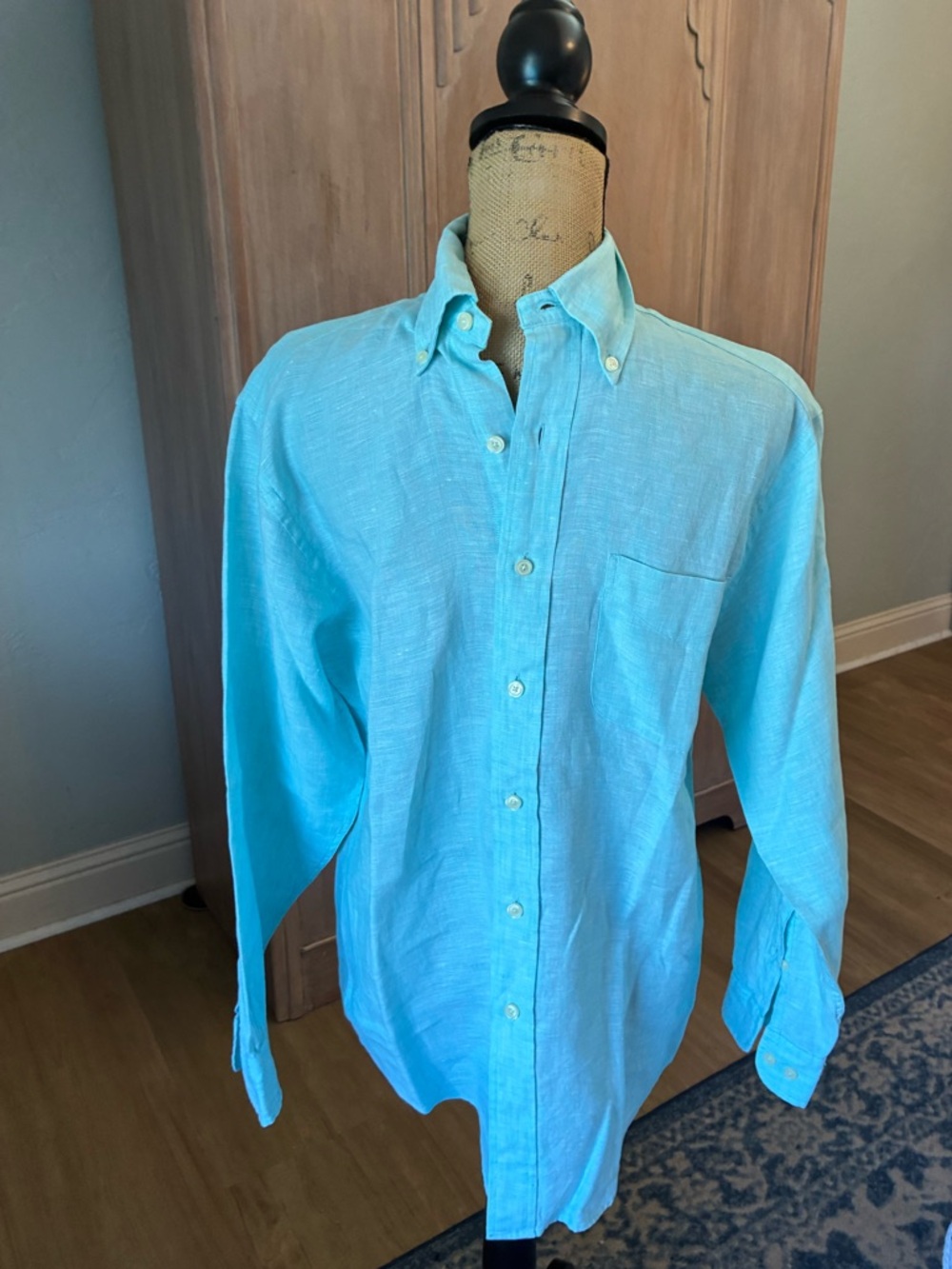 Brooks Brothers aqua blue 100% Irish Linen button down sport Shirt preppy Small